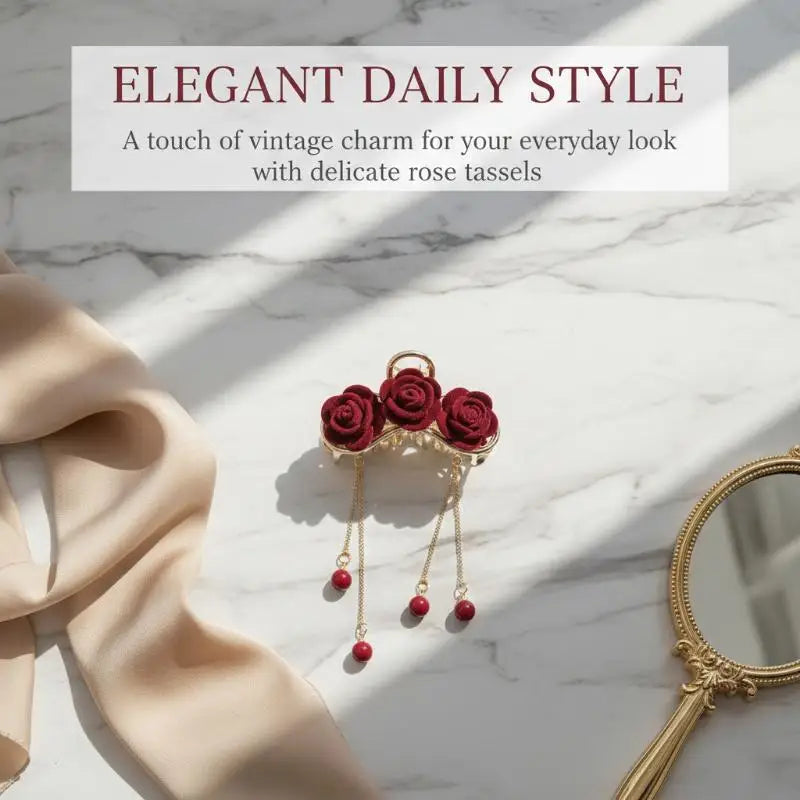 Vintage Elegant Red Flocked Rose Tassel Hair Clip Stylish Ponytail Qme