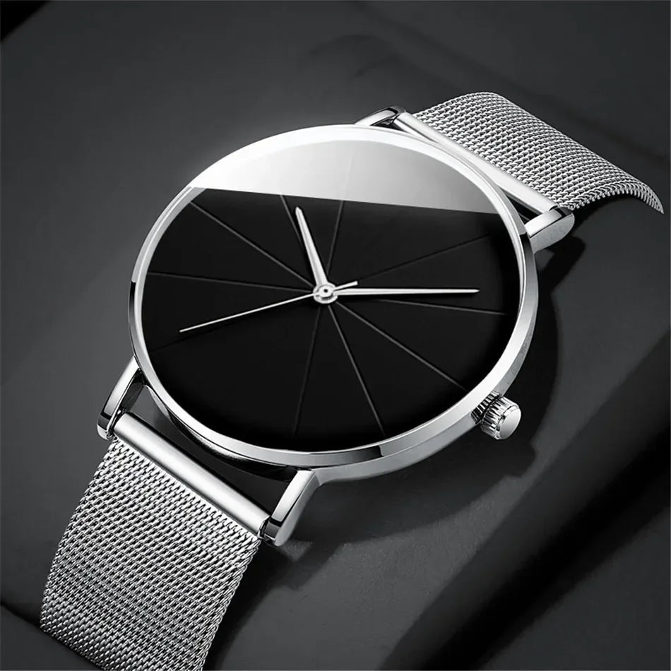 Casual Round Pointer Quartz Watch Large Geo Dial Analog Mesh Strap Wristwatch For Women Men Qme