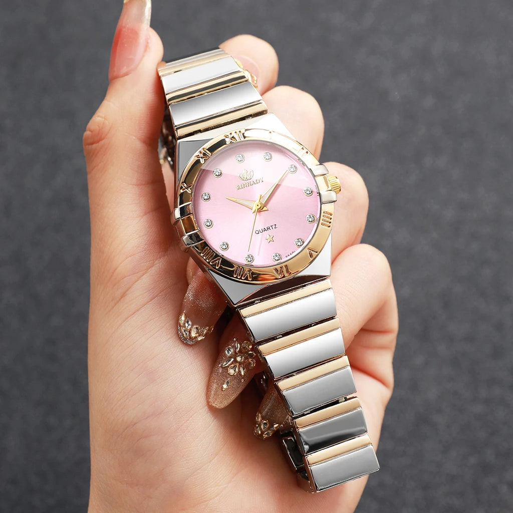 Elegant Ladies Two-Tone Interlocking Metal Strap Watch, Blush Pink Face Crystal Accent Casual Business Quartz Wrist Watch Qme
