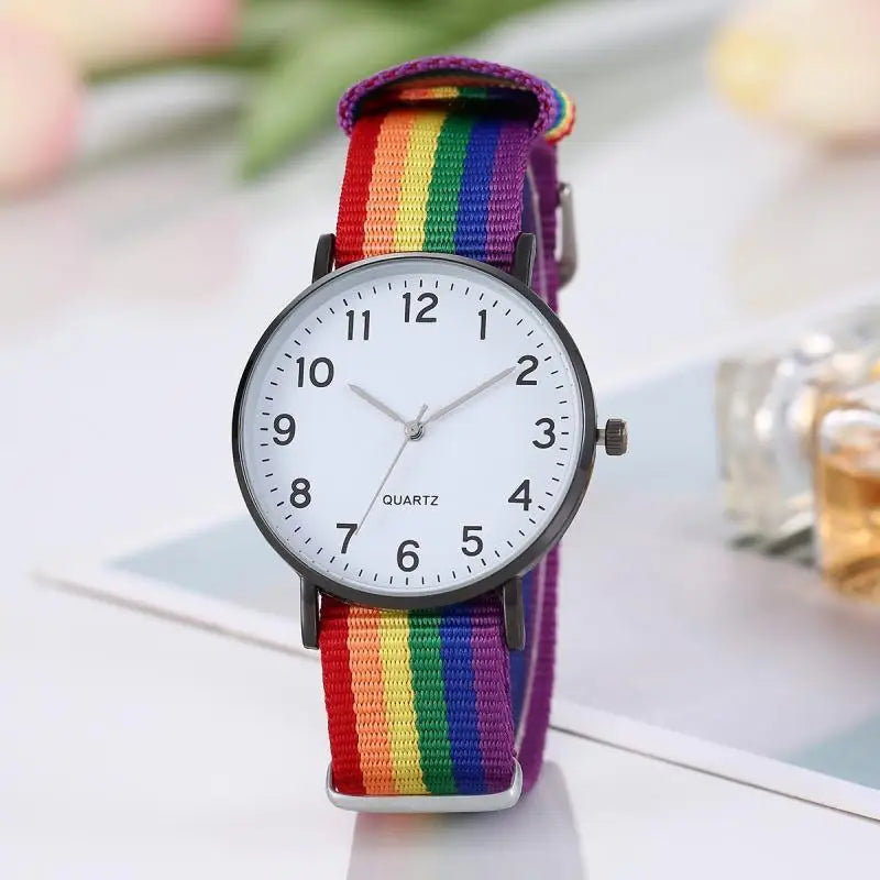 Fashion Gay Hot New Watch Rainbow Color Ultra-thin Canvas Strap 12 Digital Pointer Classic Simple Casual Student Men's Watches Qme