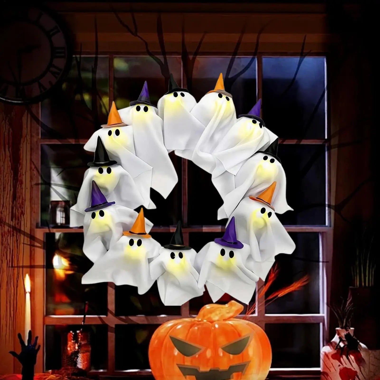 Ghost Wreath 12-LED Ghost Halloween Front Door Decoration Cute Scary Decor Home Party Decoration for Balcony Wall Lawn Patio Qme