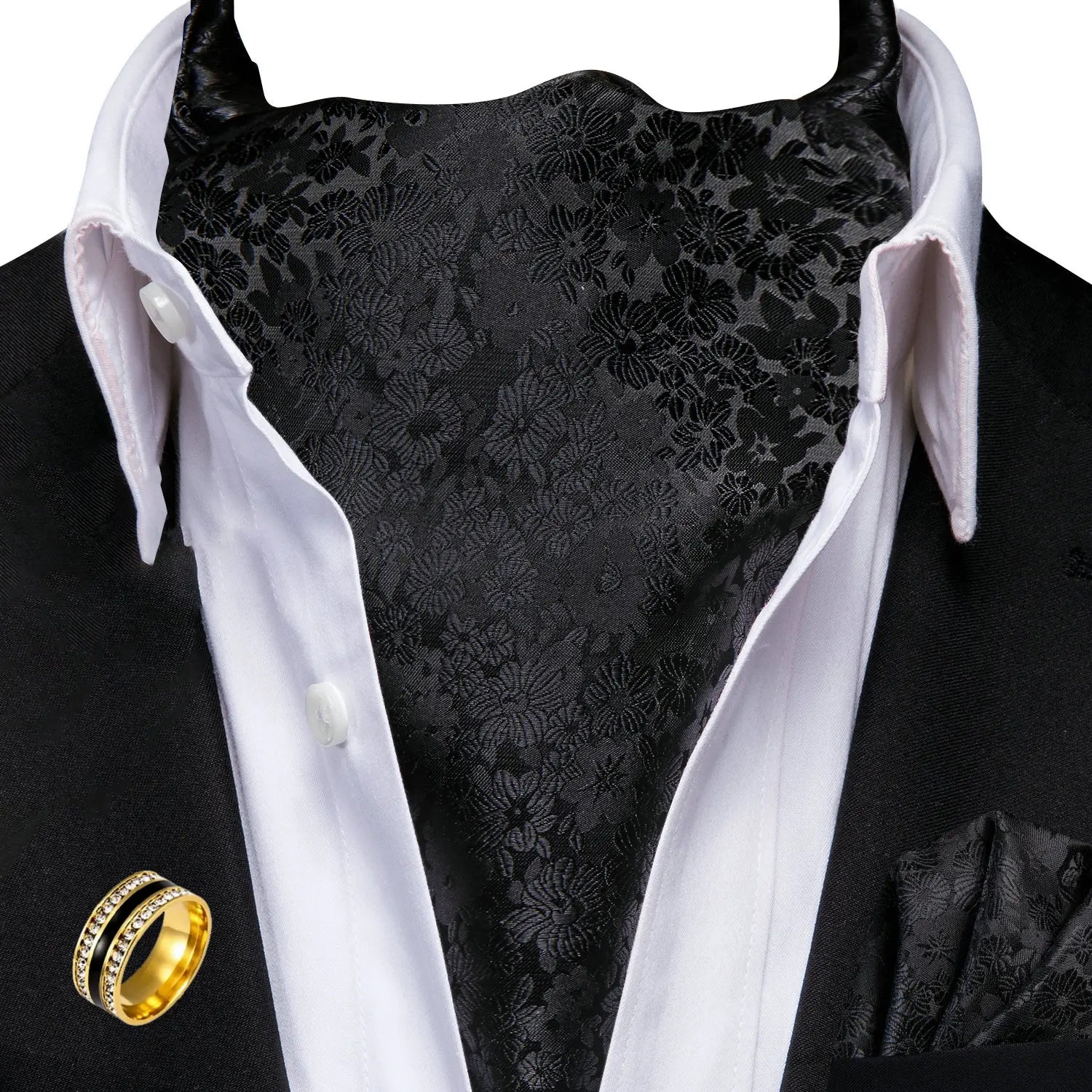 Ascot Tie Set, Classic Cravat with Pocket Square & Decorative Ring, Fashion Men's Neck Accessories Wedding Party silk Daily Wear Qme AS-1179-JZ0020