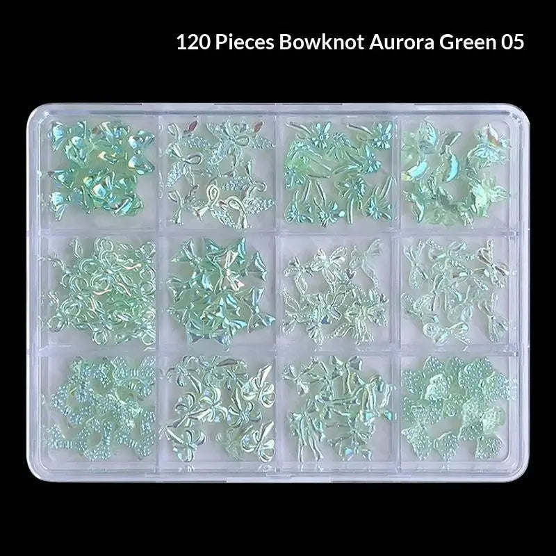 120 Iridescent Aurora Bow Nail Charms Clear Storage Box Perfect DIY Qme Green