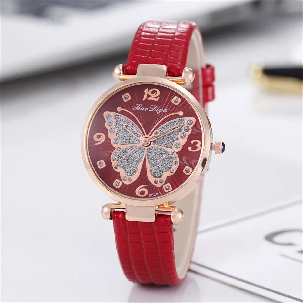 Casual Round Pointer Quartz Watch Cute Rhinestone Butterfly Pattern Dial Analog Dress Watch, Gift For Women Girls Qme Red