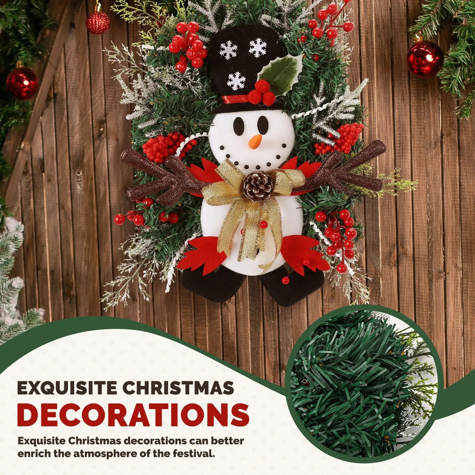 Snowman Christmas Wreath Artificial Front Door Garland Red Berries Pine Branches Hanging Decorations for Home Wall Window Qme