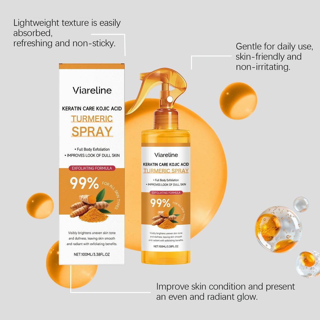 Viareline Kojic Acid Turmeric Spray Remove Dead Skin Brightening Body Exfoliant Uneven Skin Tone Keratin Care Moisturizing Spray Qme