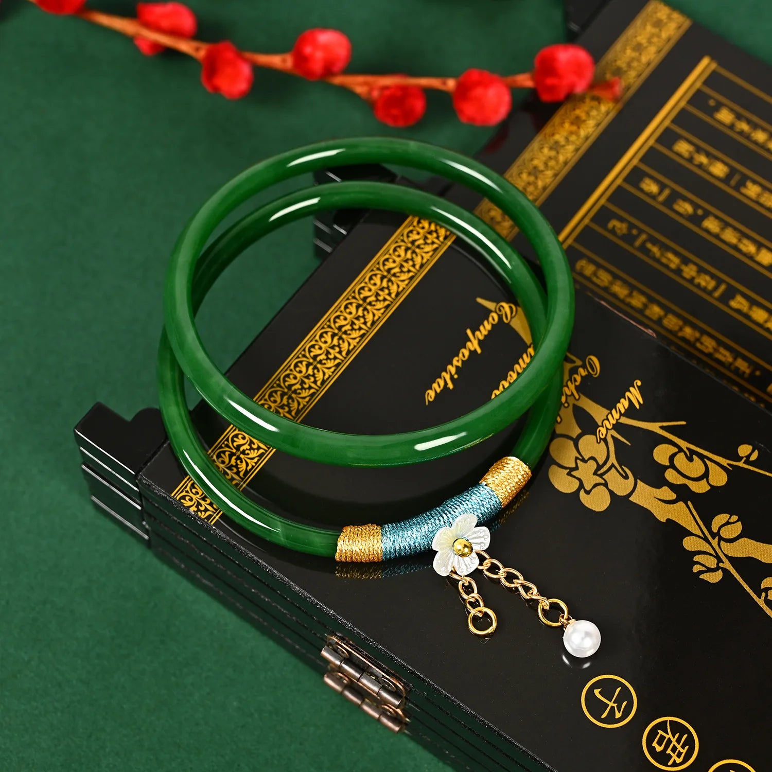 2Pcs/Set Natural Jade Jingle Bangles Retro Simple Fairy Flower Glass Bracelet Femme Fashion Women's Casual China Jewelry Gifts Qme green 60mm
