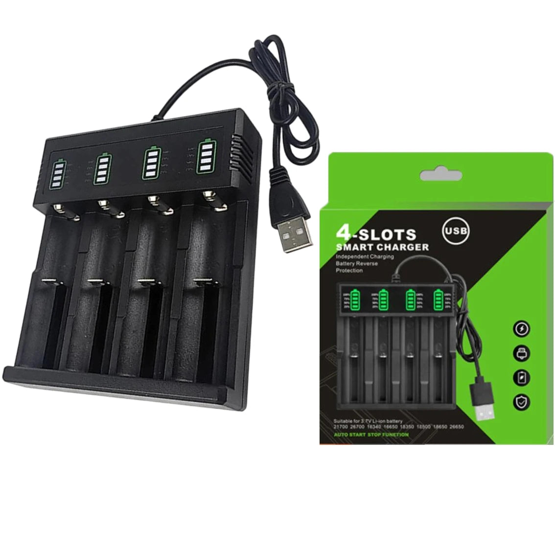1Slot / 2Slot / 4Slot 18650-Lithium Battery Charger USB Smart Battery Charger Shell For 21700 14500 18500 26650 Lithium Battery Qme 4 slot