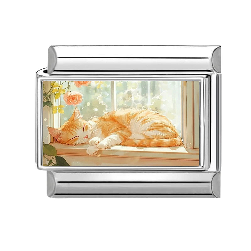9mm Charm Links Bracelet Stainless Steel Y2K Kawai Cute Cats Listen to music Look at the moon Italian Men Women DIY Making Gifts Qme Style 8