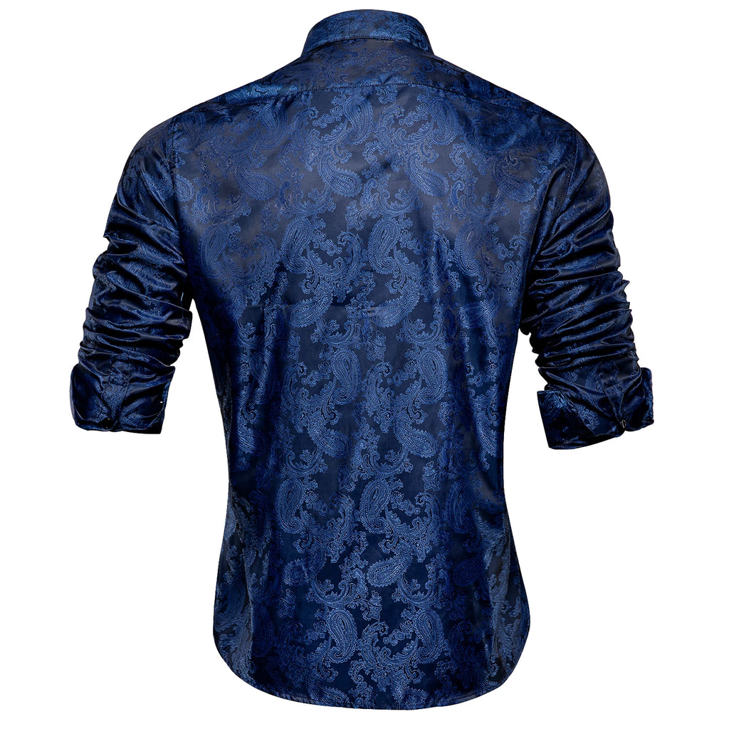 Hi-Tie Mens Shirts Silk Paisley Navy Blue Pink Black White Green Long Sleeve Lapel Shirt Casual Formal for Male Wedding Business Qme