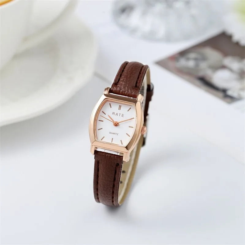 Vintage Square Black Dial Leather Quartz Watch for Women Qme C Brown White
