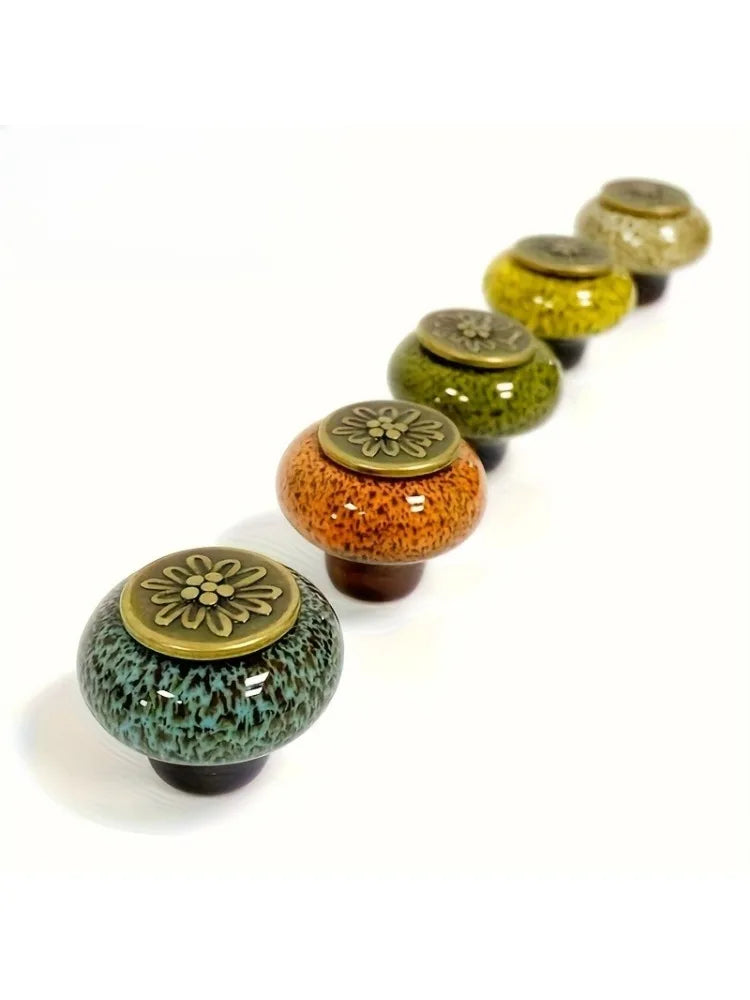 Colorful Leopard Print Glass Round Single Hole Ceramic Cabinet Knobs with Installation Hardware Qme