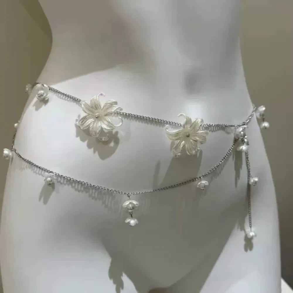 Y2K Flower Waist Chain Silver Geometric Metal Belly Chain All-match Minimalist Bohemian Body Chain Skirt Dress Decoration Qme