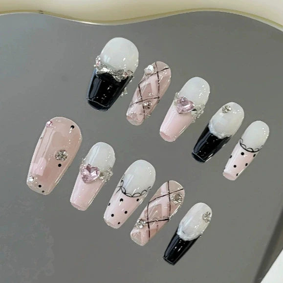 Black Pink Edge French Press Nails Wearable Med-length Ballet False Qme GJ-CDJ-ZB84-S