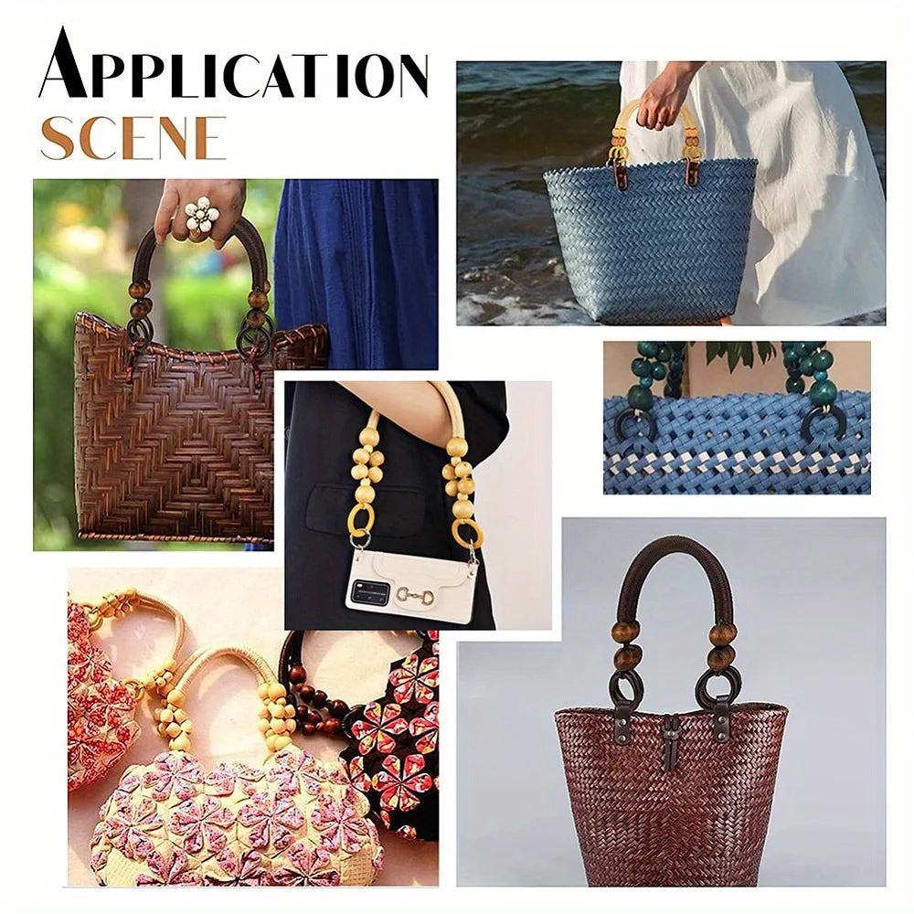 Wooden Bead Bag Handles, Retro Woven Nylon Rope Handbag Straps, Replacement Handles For DIY Crochet & Straw Bags, 3 Colors Qme