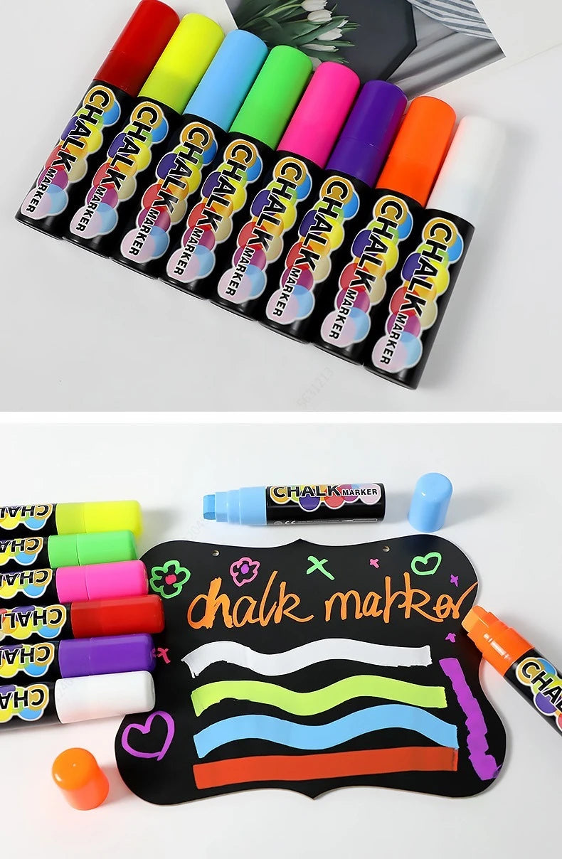 Liquid Erasable Chalk Markers Pens 8 Colors 10mm/15mm Washable & Wet Erase Neon Art Makers for Blackboard Chalkboard Signs Pen Qme