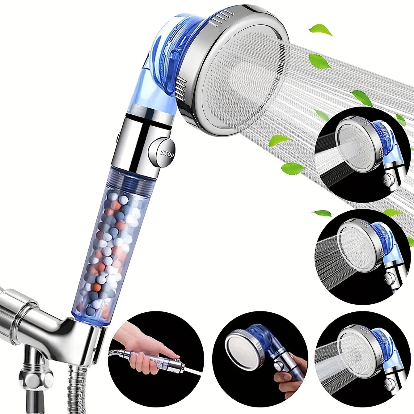 High-Pressure 3-Mode One-Click Water Stop Showerhead - Multi-Functional Handheld Filter Sprayer with Adjustable Settings Qme Blue