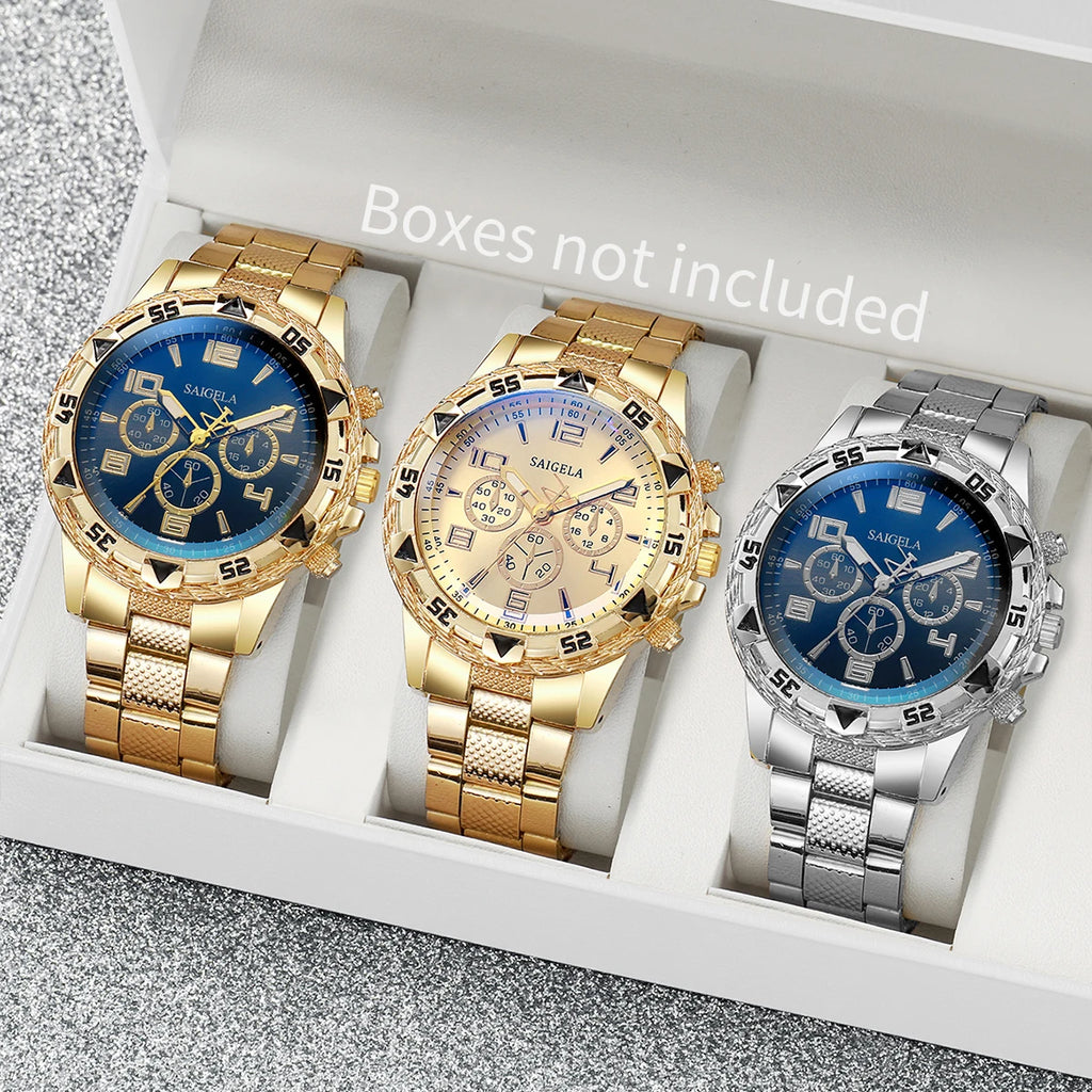 3PCS Blue light iridescent glass men's watch with steel strap, quartz watch, digital scale, fake three eyed watch Qme 3PCS Set Without Box