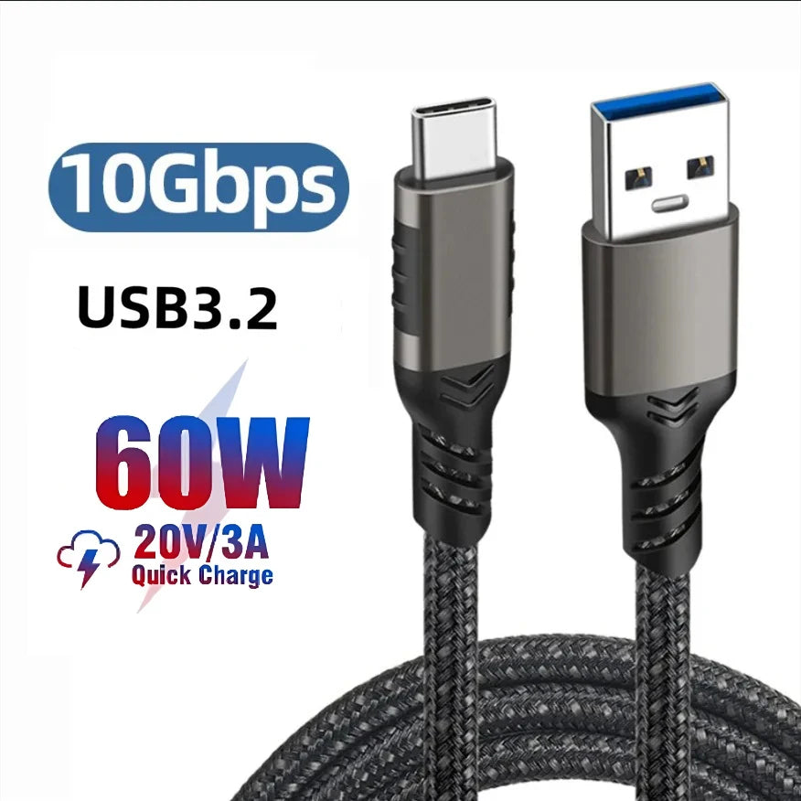 10Gbps 60W USB-A 3.2 Gen2 to USB-C Cable USB 3.0/3.1/3.2 Cable USB A to USB Type C Data Transfer SSD Hard Disk Cable 3A QC 3.0 Qme