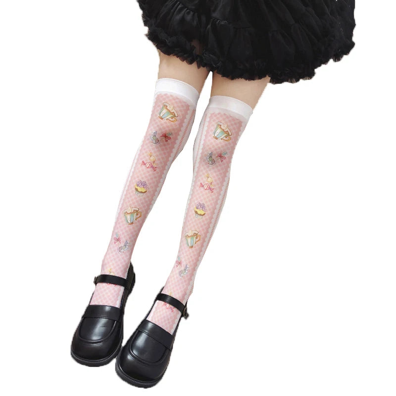 Cute Pink Princess Lolita Over Knee Stockings Love Bow Printed Girl Qme style17 One Size