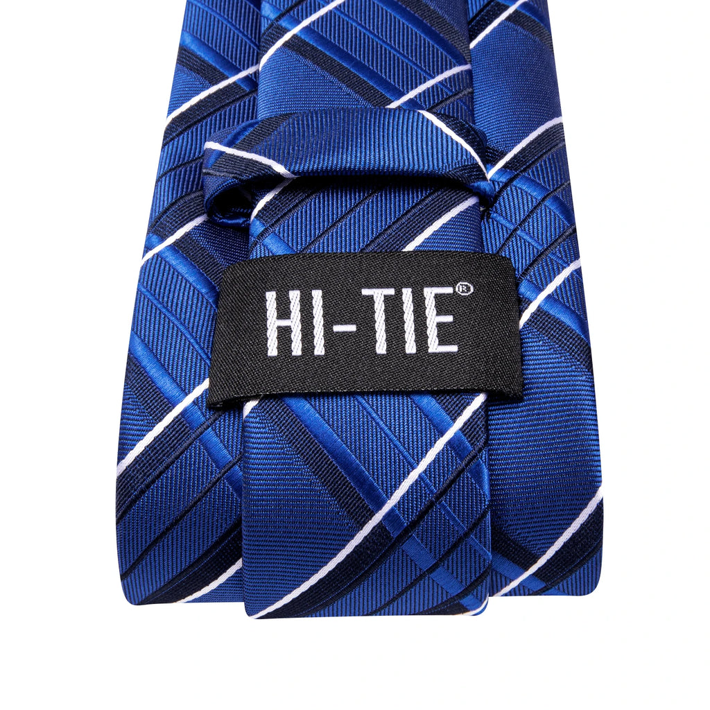 Hi-Tie Navy Blue Striped Plaid Fashion Mens Elegant Tie Handkerchief Cufflinks Set Wedding Party Accessories Gift for Men Gravat Qme