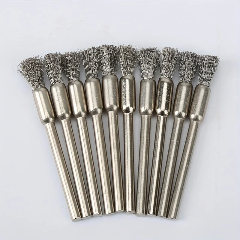 10-Piece stainless steel wire brush, 3mm round handle, uncharged cleaning, deburring and polishing brush for precision work Qme 10pcs