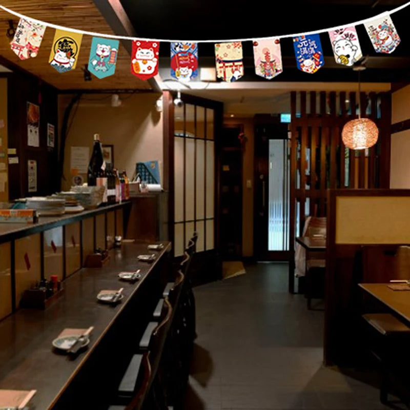 Japanese Style Lucky Cat Hanging String Flag Sushi Restaurant Bunting Banners Izakaya House Birthday Party Wedding Decoration Qme