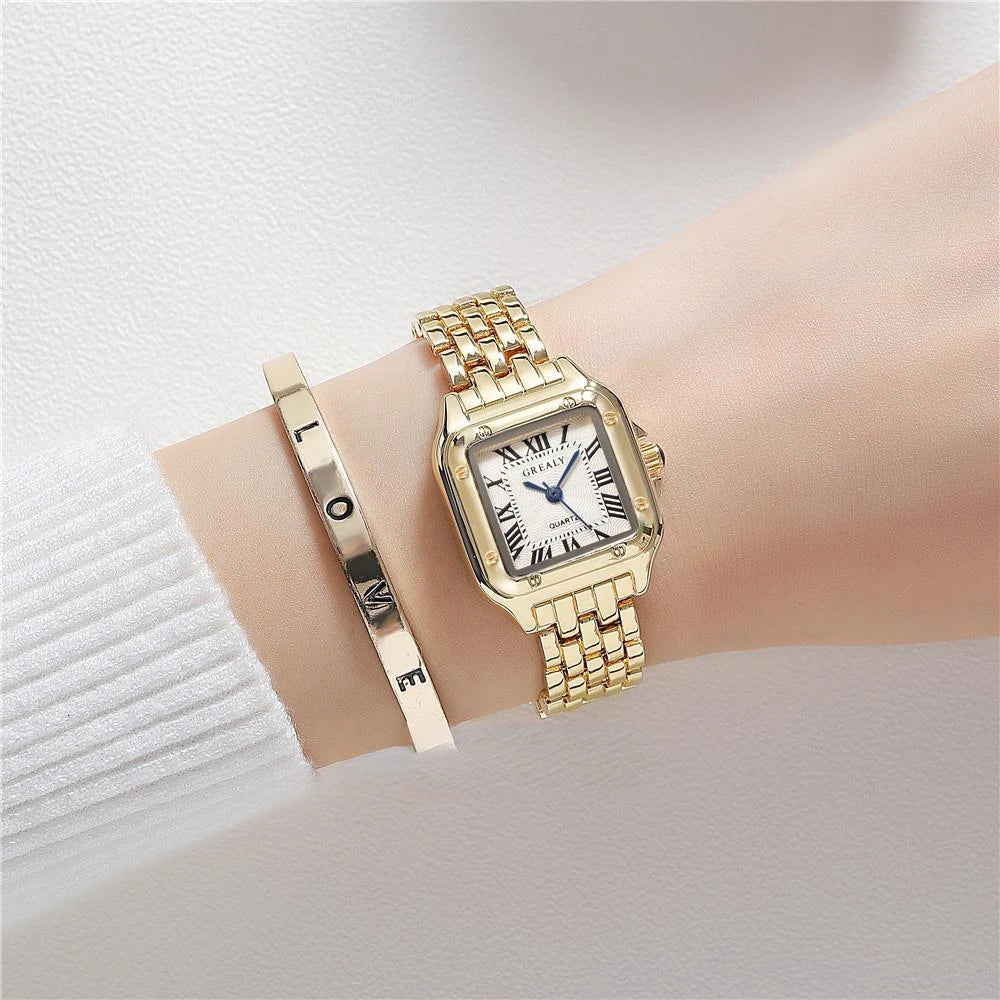 2023 Luxury Women's Fashion Square Watches Gold Alloy Strap Ladies Quartz Wristwatches Qualities Female Roman Scale Clock Qme