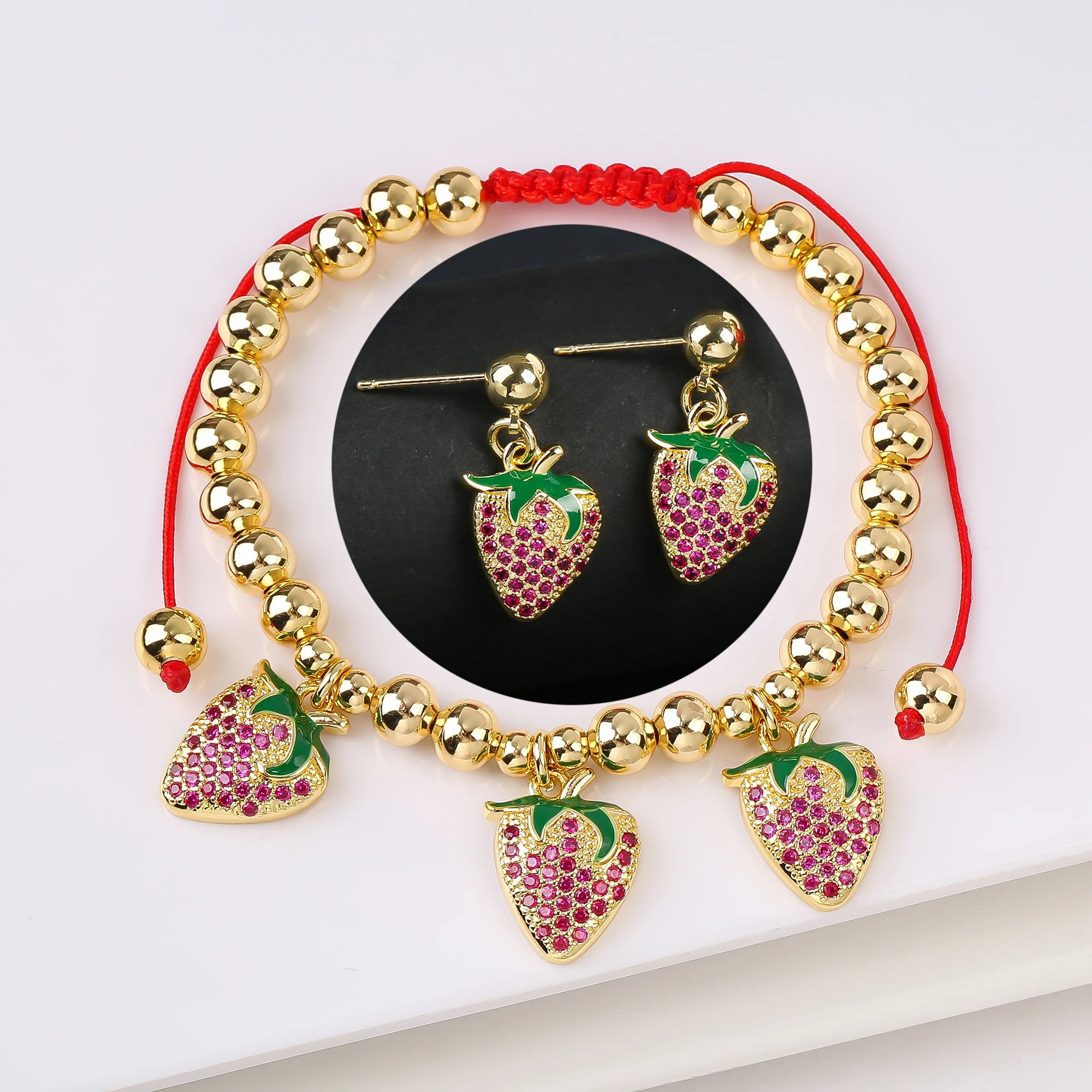 2PCS Trendy Red Cherry Strawberry Bracelet Earring Fruit Set for Women Casual Vacation Zirconia Jewelry Girls Lucky Gift Qme Jewelry Set 13