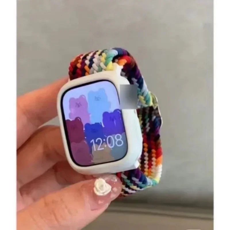 Korean Cute Braied Strap + Case For Apple Watch Band 49mm 41mm 45 44 38 42 Nylon Bracelet For iWatch Series 9 8 7 6 5 4 3 SE 40 Qme Rainbow For Series 789 41mm