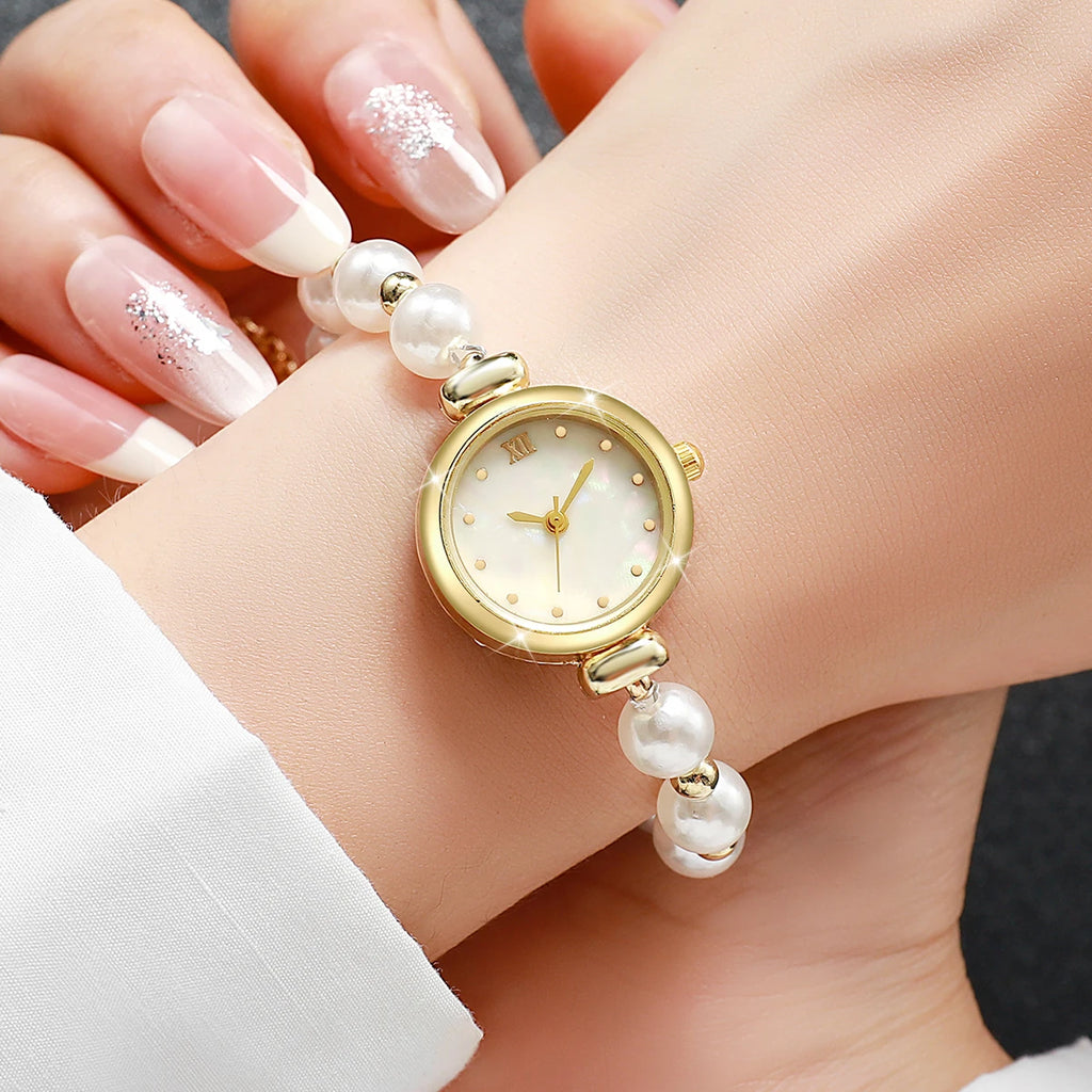 Women's Elegant Gold Jewelry Set, Pearl Band Quartz Watch with Mother-of-Pearl Dial and Heart Diamond Bangle Qme