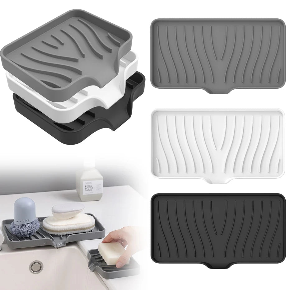 Self Draining Soap Bar Holder Silicone Kitchen Sink Soap Dish Sponge Tray Counter Caddy Organizer for Dish Soap Dispenser Qme