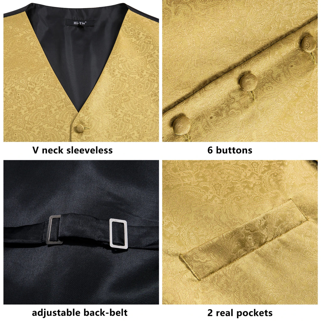 Luxury Gold Mens Suit Vest Red Blue Green Yellow Waistcoat Tie Bowtie Qme