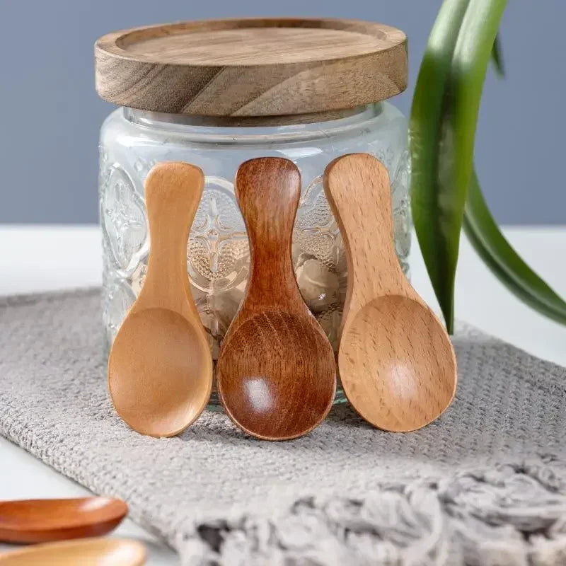 1pcs Mini Wooden Spoons Kitchen Spice Condiment Spoon Coffee Sugar Teaspoons Kids Short Handle Wood Scoops Home Tableware Qme