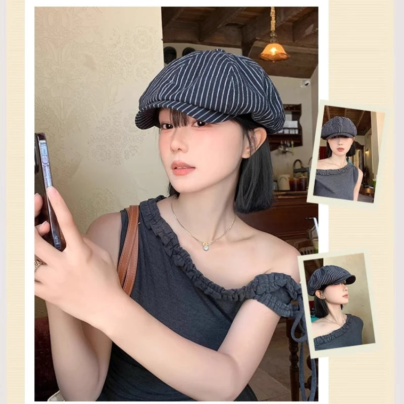 Ladies' Summer Breathable Thin Striped Cotton-linen Beret Qme
