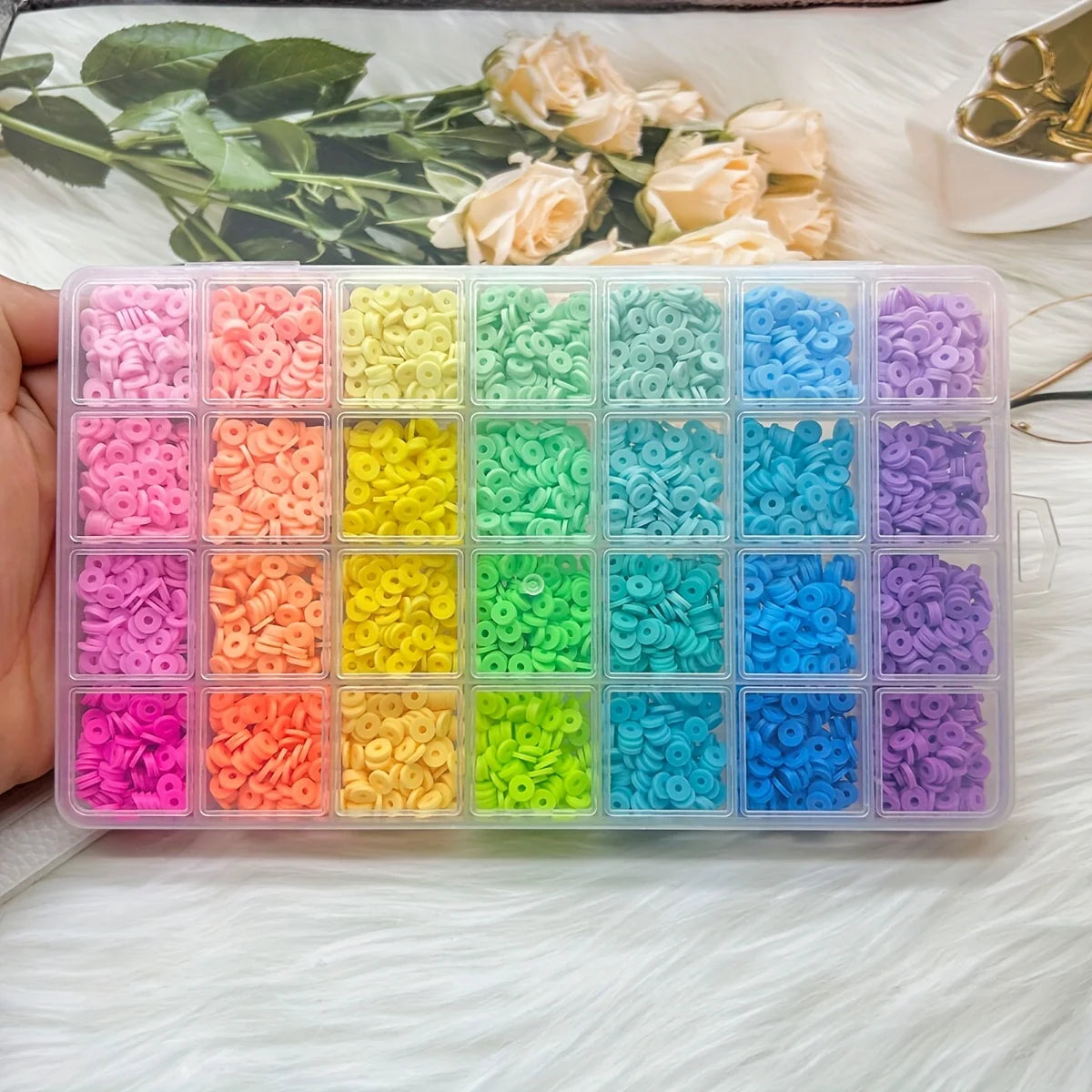 A boxed set of grid beads for making bracelets, DIY rainbow-colored soft clay loose beads, for handmade jewelry making Qme