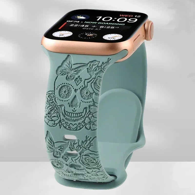 Skull Engraved Strap For Apple Watch Band Ultra 2 49mm 45 44 40 41 42 38mm Silicone Sport Bracelet For iWatch Series 8 9 7 65 SE Qme Green 42mm 44mm 45mm 49mm