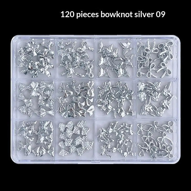 120 Iridescent Aurora Bow Nail Charms Clear Storage Box Perfect DIY Qme Silver