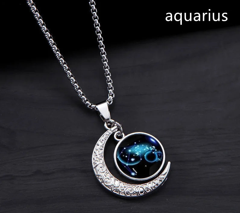 12 Constellation Luminous Necklace Zodiac Signs Jewelry Crescent Moon Pendant Glow In The Dark Necklace Birthday Gifts Unisex Qme Aquarius