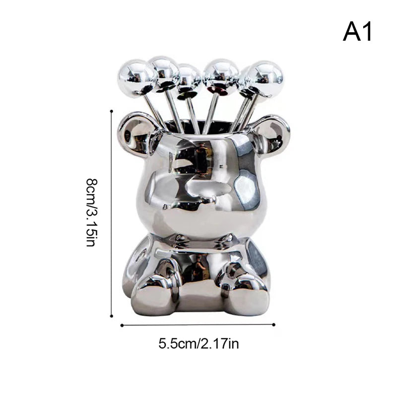 6Pcs Stainless Steel Dessert Forks With Storage Jar Cute Bear Utensils For Party Dessert Fruit Pickle Fruit Salad Tasting. Qme A1