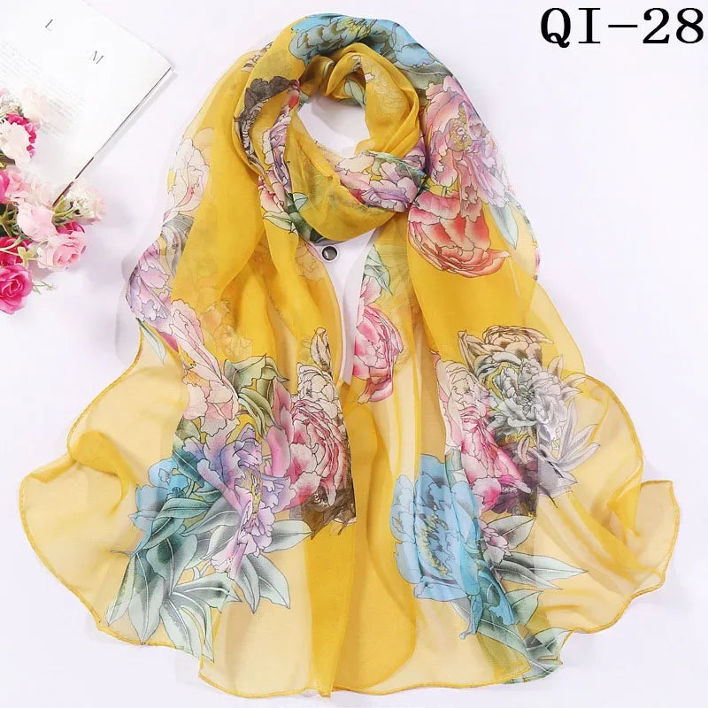 Painting Lotus Beach Sun Protection Chiffon Georgette Scarf Women Foulard Scarf Shawls Female Long Wraps Beach Sunscreen Hijab Qme QI-28
