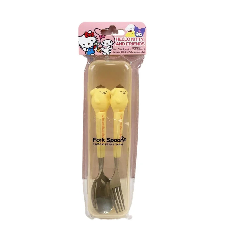 Hello Kitty Cartoon Children's Tableware Spoon Portable Two-Piece Set for Students Stainless Steel Fork and Spoon Set Qme
