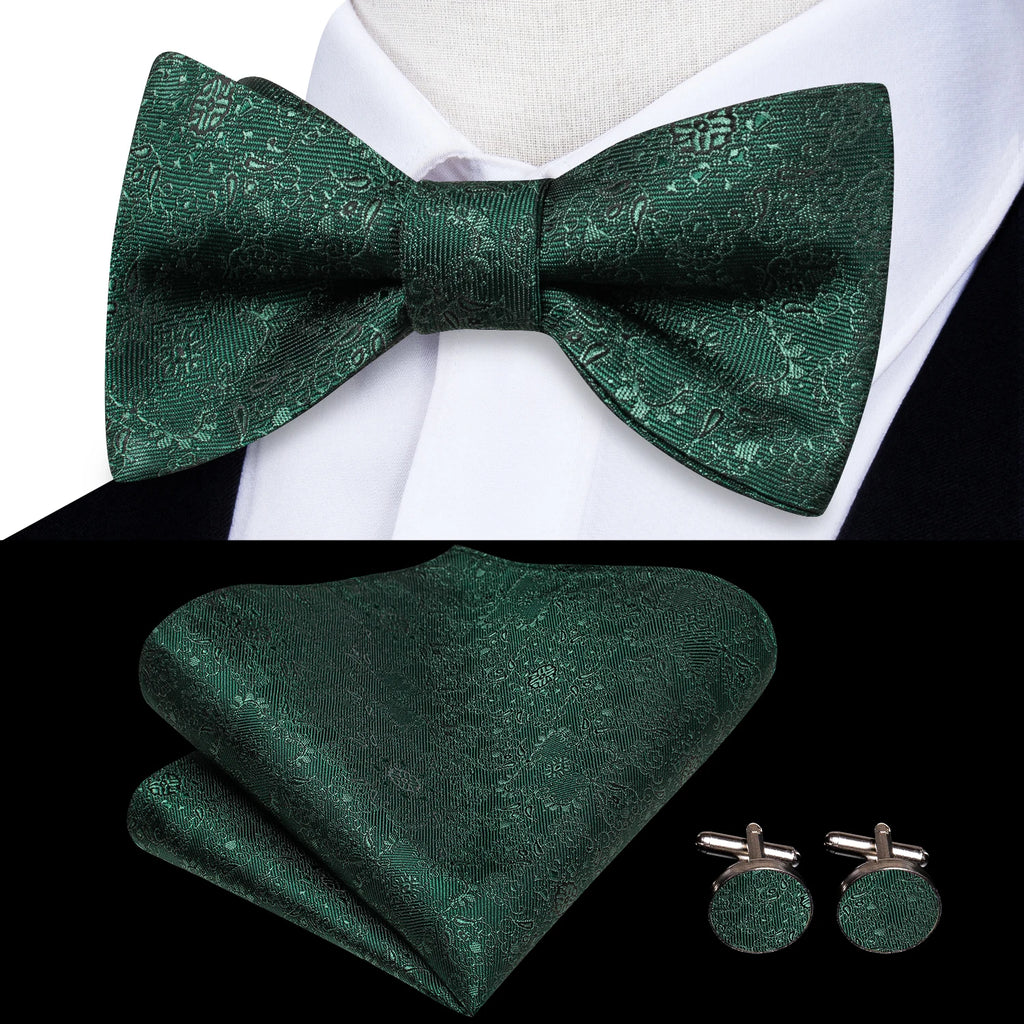 Hi-tie Silk Mens Self Bow Tie Hanky Cufflinks Blue Red Gold Black