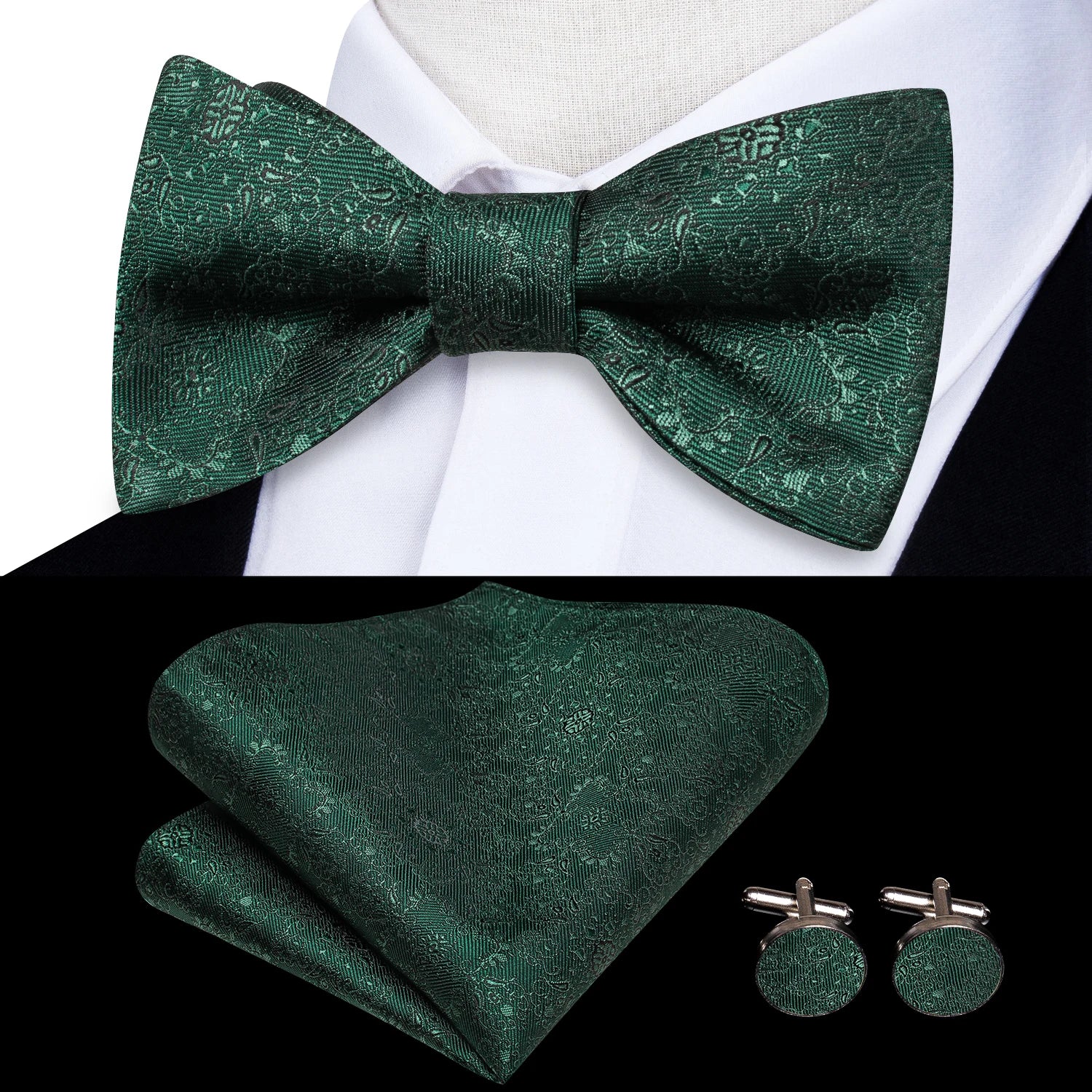 Hi-tie Silk Mens Self Bow Tie Hanky Cufflinks Blue Red Gold Black