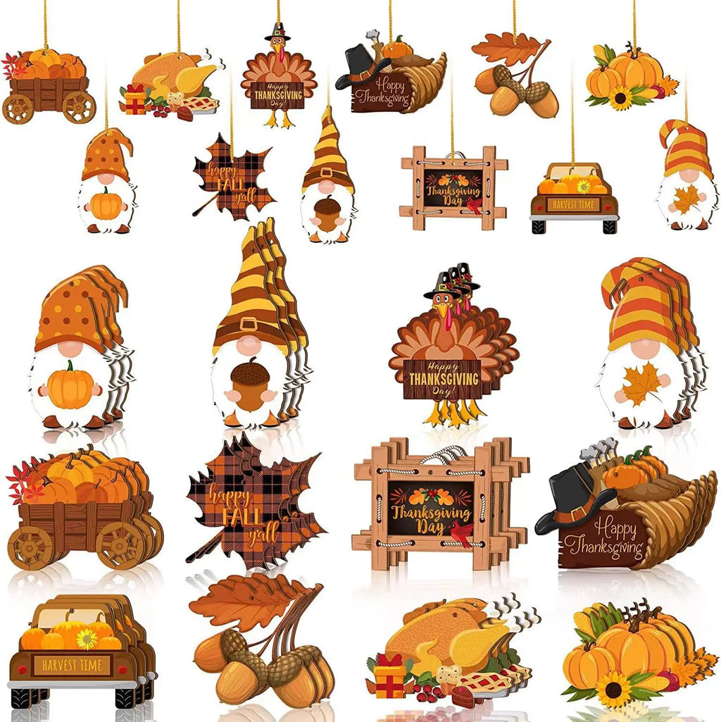 Thanksgiving Autumn Wooden Ornaments Gnome Turkey Maple Leaf Pumpkin Qme 12pcs M