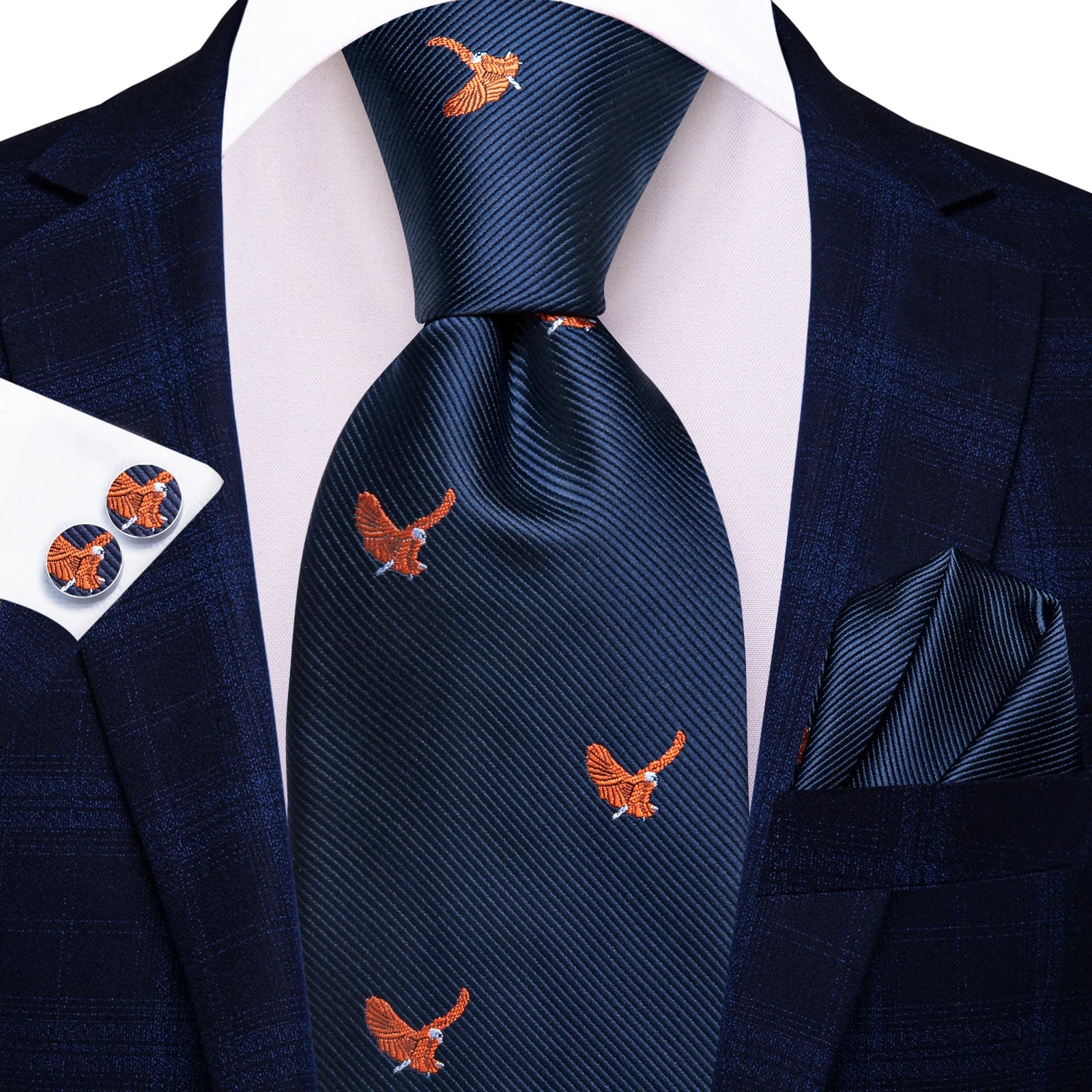 Hi-Tie Navy Blue Striped Plaid Fashion Mens Elegant Tie Handkerchief Cufflinks Set Wedding Party Accessories Gift for Men Gravat Qme HT-N-0002