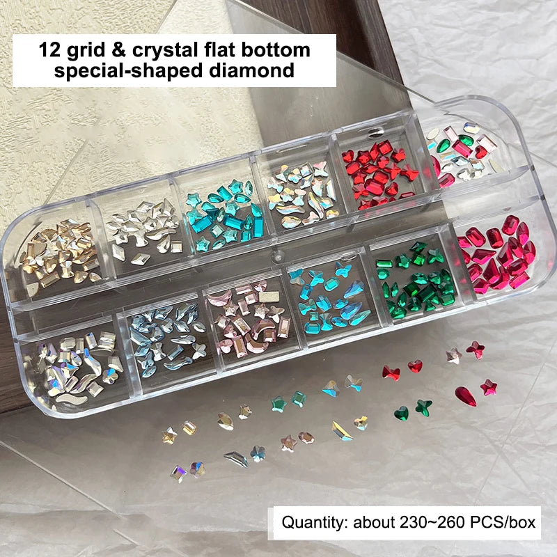 12 Grids Mixed Shape Colorful Rhinestones Nail Art Decoration Multi Size Flat Back Rhinestone Nail Gel Diy Nail Accessories Qme Multicolor