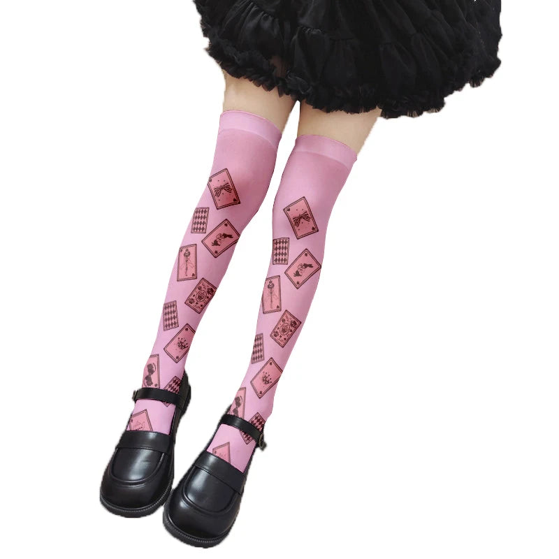 Cute Pink Princess Lolita Over Knee Stockings Love Bow Printed Girl
