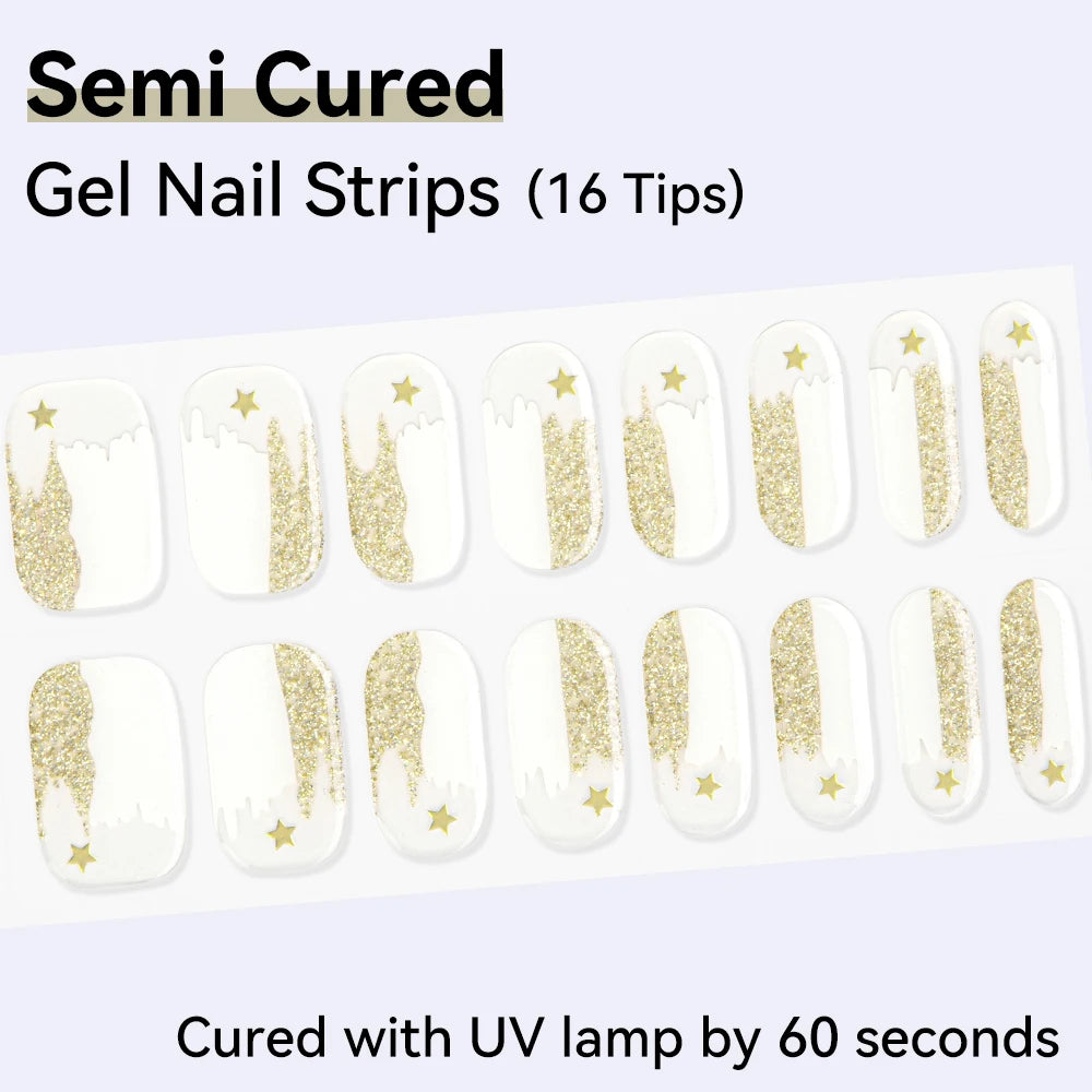 16Tips Semi-cured Gel Nail Sticker Colorful French Glitter UV LED Qme NF240001