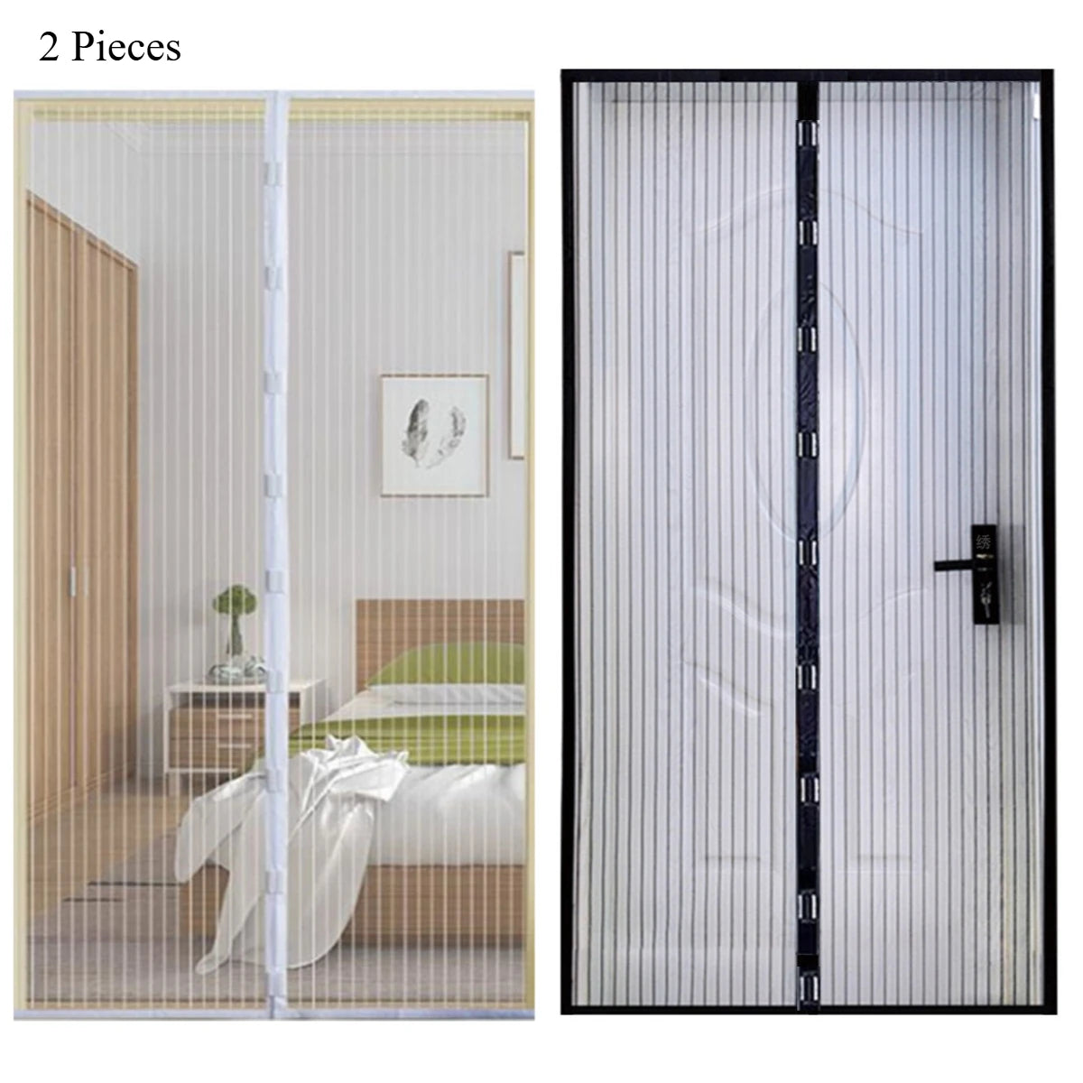 2-Piece Magnetic Screen Door Self-Closing Mesh Curtain, Anti-Mosquito Breathable Net for Home Bedroom Kitchen Balcony Door Qme Black Wht LM100 210-2PCS